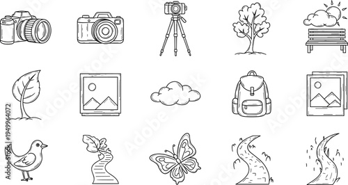 Collection of hand-drawn icons representing nature, photography, and outdoor activities