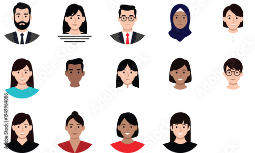 Diverse collection of professional business avatar icons featuring multiethnic men and women in office attire isolated on white background for corporate team pages and user profile designs.