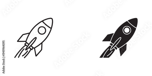 Black and white icons of rocket ship with motion lines