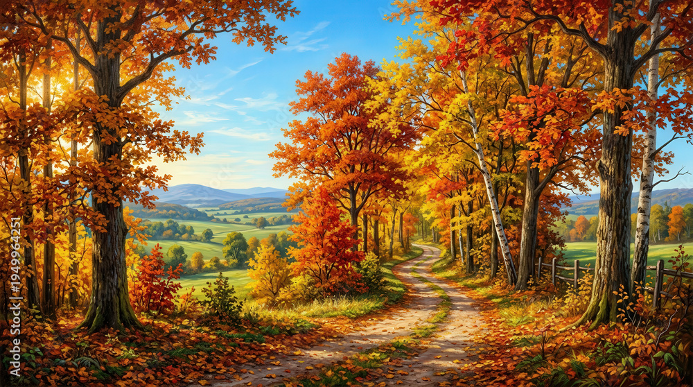 Obraz premium Scenic Autumn Forest Pathway with Vibrant Fall Foliage and Blue Sky