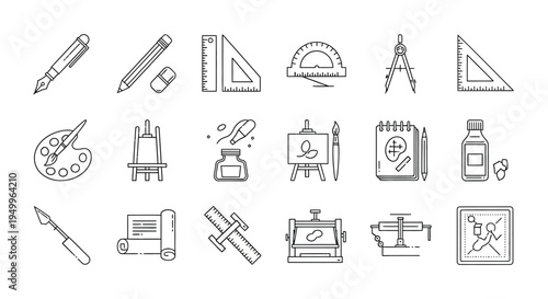 Art supplies and tools arranged in a linear design black and white silhouette