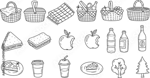 Hand-drawn picnic essentials including baskets, food, drinks, and trees