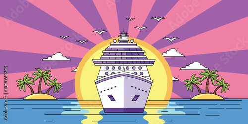 Sailing into the Sunset: A majestic cruise ship glides across tranquil waters under a vibrant sunset, symbolizing journey and freedom, with tropical islands and birds adding to the scene.