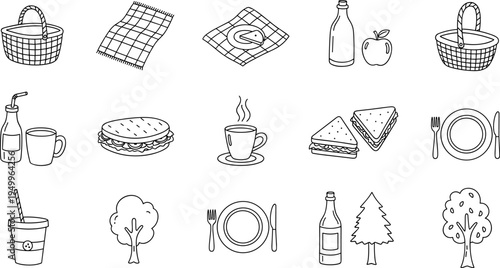 Hand-drawn picnic icons featuring food, drinks, and outdoor elements for a delightful outing