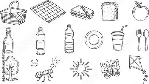 Hand-drawn picnic elements including basket, food, drinks, and outdoor fun items