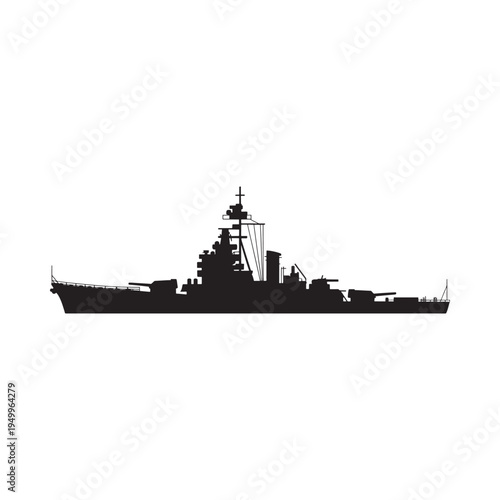 Silhouette of a large battleship against a stark white background