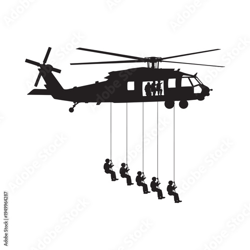 Black silhouette of a military helicopter with rappelling soldiers