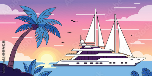 Luxury Yacht Sunset Vector Illustration