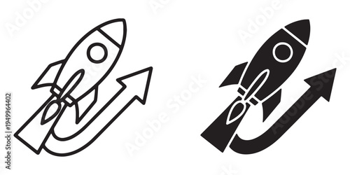 Black and white line art of rockets with arrows and motion lines depicted