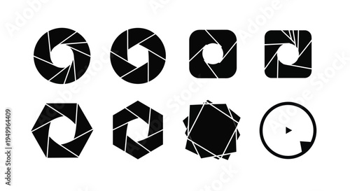 A collection of aperture shapes in black showcasing geometric designs silhouette