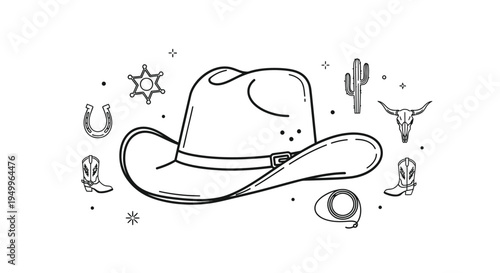Western themed illustration featuring a cowboy hat cactus and boots silhouette