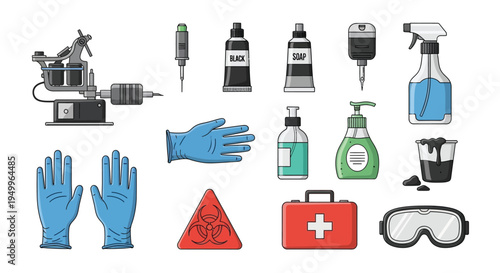 Tattooing and hygiene equipment illustration featuring hands in silhouette high quality