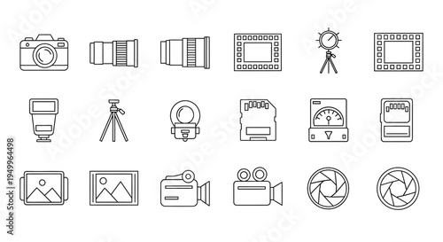 Photography equipment icons in linear style a minimalist black silhouette