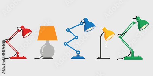 Assortment of Desk Lamps: A vibrant arrangement of colorful desk lamps, showcasing various designs and styles, illuminated against a clean backdrop.