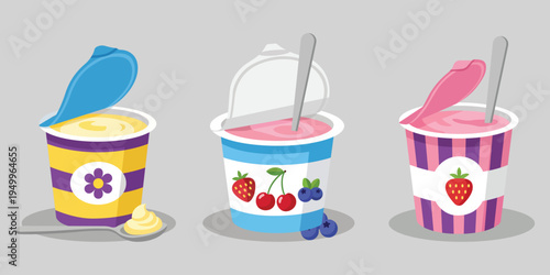 Yogurt Delight: A vibrant illustration showcasing three delectable yogurt cups, each filled with creamy goodness and topped with fresh fruit, inviting a refreshing and healthy indulgence.