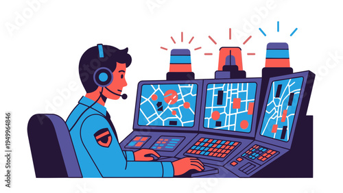 Security Operator Monitoring System with Maps and Alerts on Multiple Screens, Vector Illustration for Control Room and Surveillance
