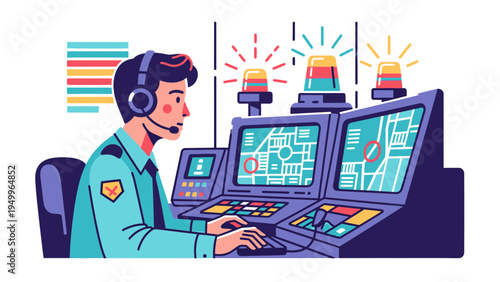 Security Operator Monitoring Screens with Alerts in Control Room, Vector Illustration Style for Emergency Services and Surveillance