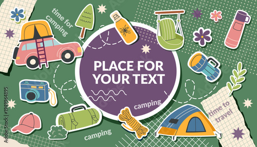 Camping collage banner with travel objects in pop art style8. The concept of travel, camping, hiking and outdoor recreation. Vector flat template.