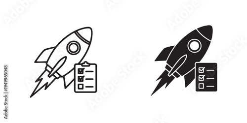Black and white line art rockets with documents and targets nearby