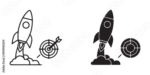 Black and white line art rockets launching and hitting targets