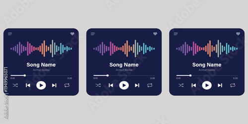 Digital Music Player Interface: Three sleek digital music player interfaces, featuring vibrant soundwave visualizations and user-friendly controls, embodying the rhythm of modern digital media.