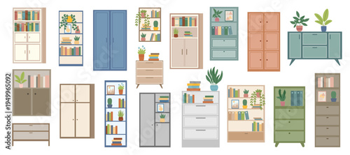 Collection of different bookcases, wardrobes and bookshelves isolated on white background. Vector flat furniture cliparts. Concepts of home, interiors, books.