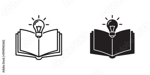 Black and white line icons of a lightbulb over an open book
