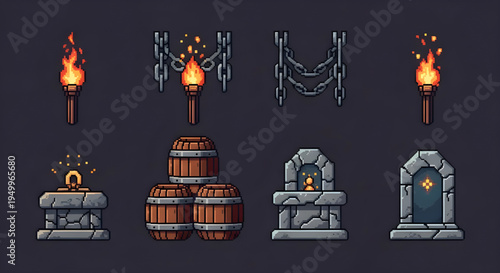 Pixel Art Dungeon Prop Set Torches Barrels and Stone Altar