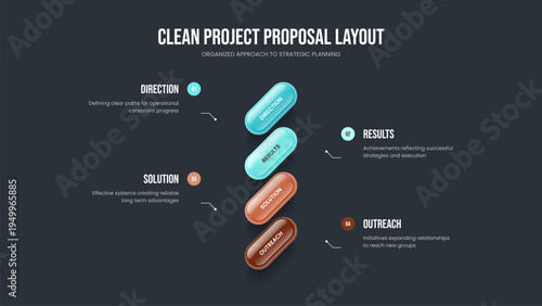 Sales Portfolio Slideshow Layout Vector Illustration. Business Proposal 4 Option Diagram Presentation Template. Corporate Analysis Four Element Infographic Frame Design.