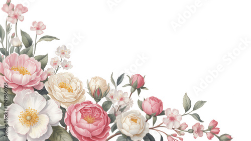 Pink and white floral corner arrangement with peonies and blossoms isolated on transparent background