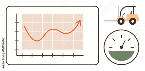 Logistics, supply chain, efficiency, performance tracking, productivity, warehouse management. Growth chart with arrow, forklift speedometer gauge. Logistics and efficiency concept