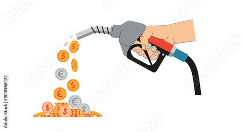 Vector illustration of gas pump nozzle pouring coins