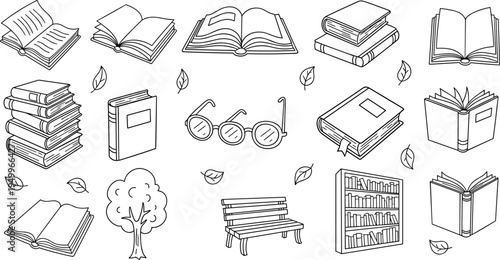 Collection of hand-drawn books, glasses, tree, bench, and bookshelf illustrations