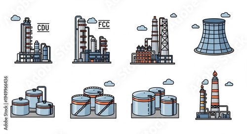 Oil Refinery Plant Icons - Industrial Complex and Storage Tanks.
