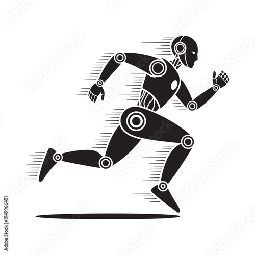 A black silhouette of a robotic figure dynamically running forward quickly