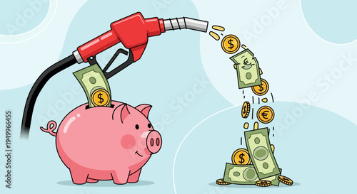 Vector illustration of piggy bank with fuel nozzle pouring money