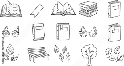 Collection of hand-drawn icons representing reading, nature, and relaxation elements