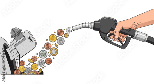 Vector illustration of hand holding gas pump nozzle pouring coins