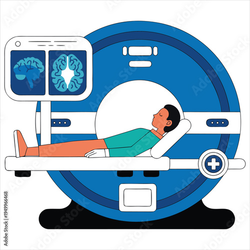 Modern flat illustration of a patient undergoing MRI or CT scan in a medical machine.