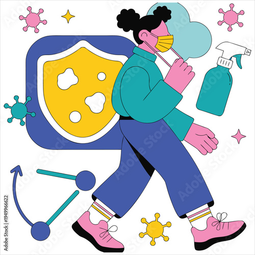 Woman wearing mask and walking with shield, spray bottle, and virus symbols.
