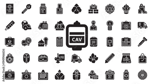 Comprehensive collection of icons centered around a central cav device graphic