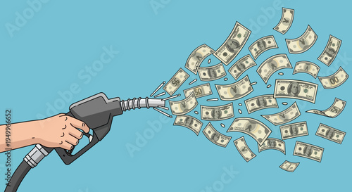 Vector illustration of hand holding gas pump nozzle spraying money bills