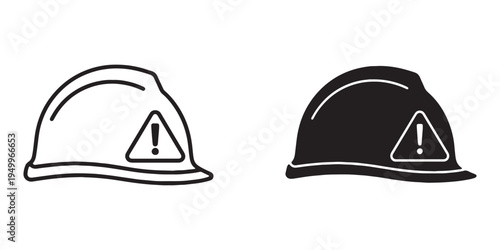 Black and white hard hat icons with warning signs in line art