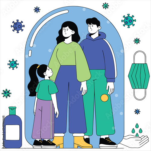Family protected by shield from viruses and germs, with hand sanitizer and mask.