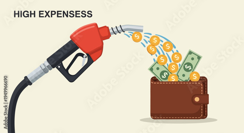 Fuel nozzle pumping money into wallet, high expenses, financial strain, gas price concept