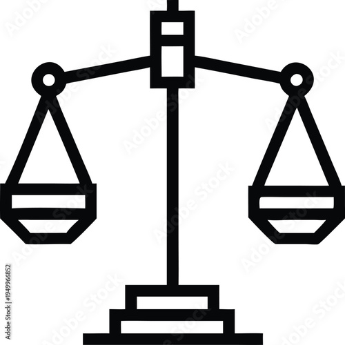 A black outline icon depicting a traditional balance scale with two equal measuring pans