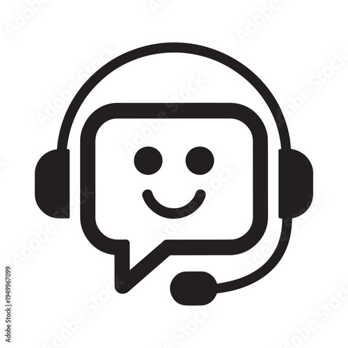 Simple black and white icon depicting customer support with a smiling face