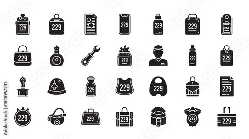 Collection of diverse icons depicting various tools, items, and accessories for work and travel