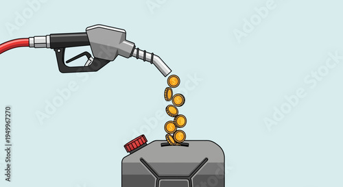 Fuel nozzle pouring coins, money, into a gas can, finance, investment