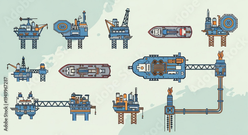 Offshore Oil and Gas Platforms and Vessels Illustration.